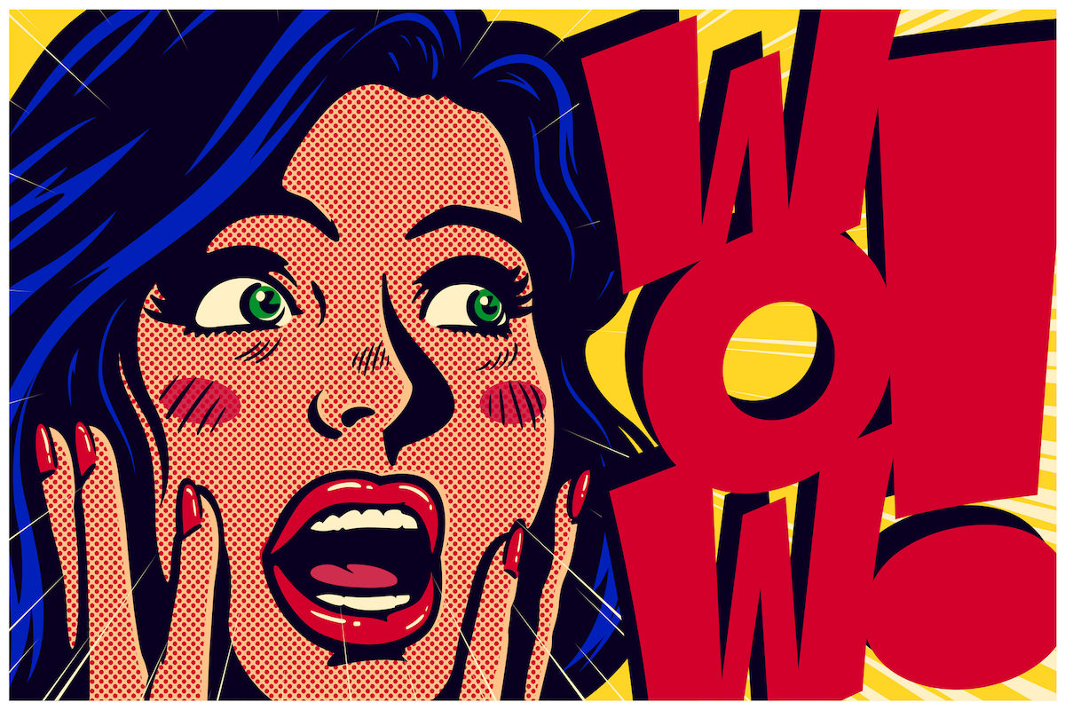 Vintage pop art style surpised and excited comic girl saying wow vector illustration