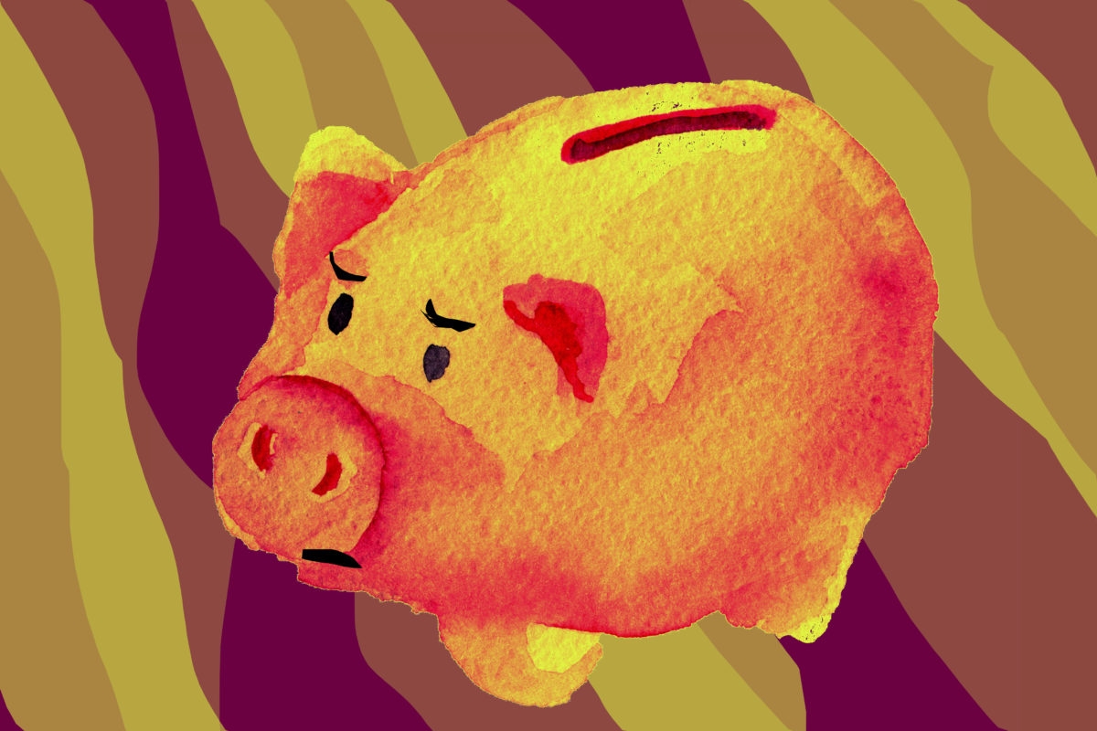 watercolor sketch of pig piggy bank on white background