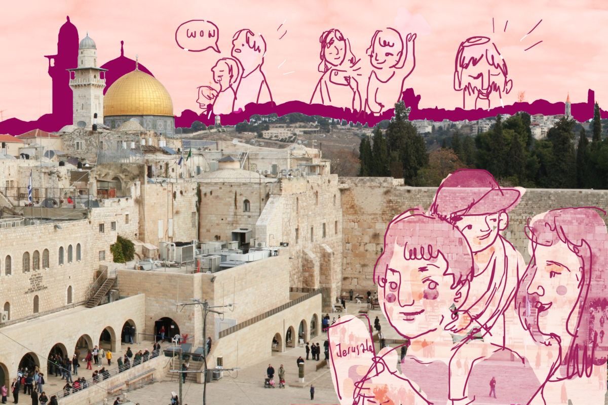 Western Wall in the Old City of Jerusalem, the most important jewish religious site with al-Aqsa mosque (right) and Dome of the Rock (left) on the background.