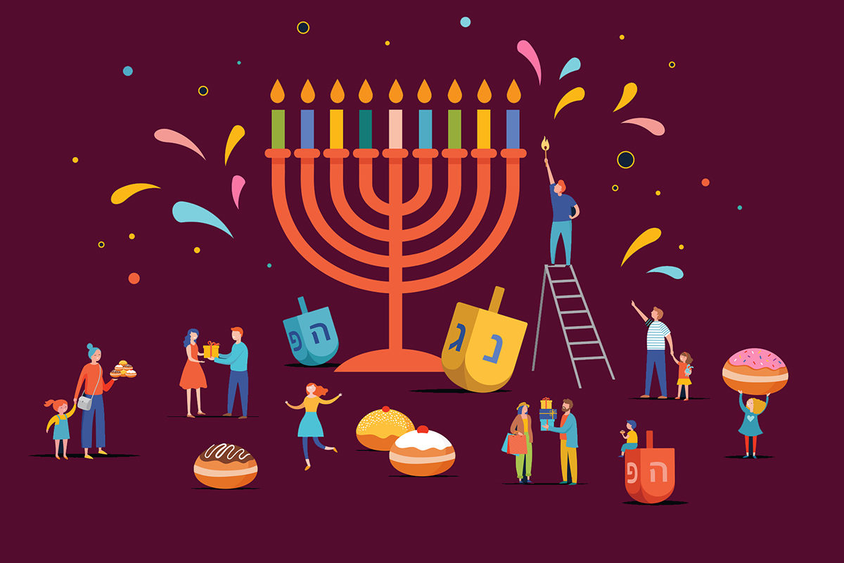 Happy Hanukkah, Jewish Festival of Lights scene with people, happy families with children. Vector illustration