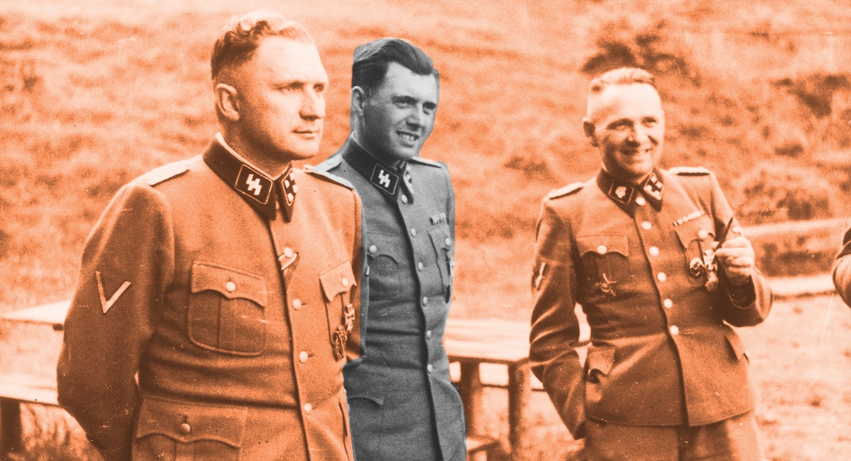 Richard Baer, Josef Mengele and Rudolf Höss at Auschwitz, 1944. Höcker Album
