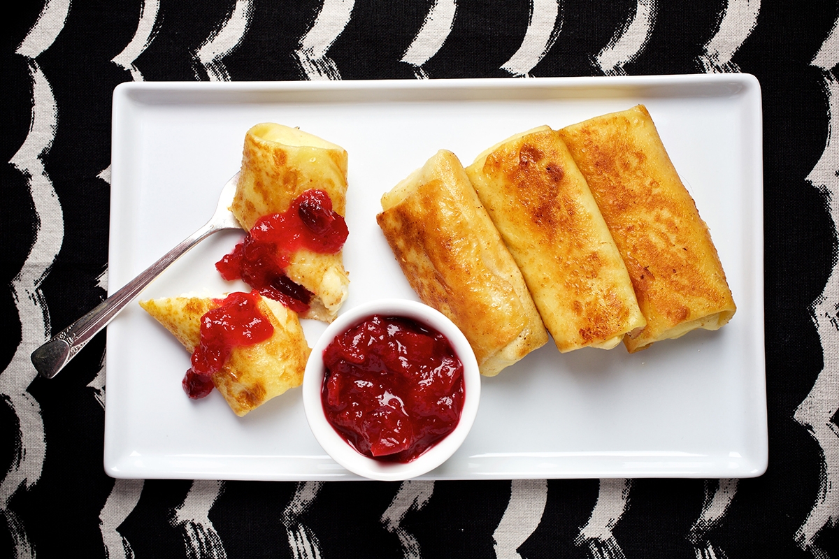 WASHINGTON, DC - Cheese Blintzes with Chunky Berry Sauce photographed in Washington, DC. (Photo by Deb Lindsey For The Washington Post via Getty Images).