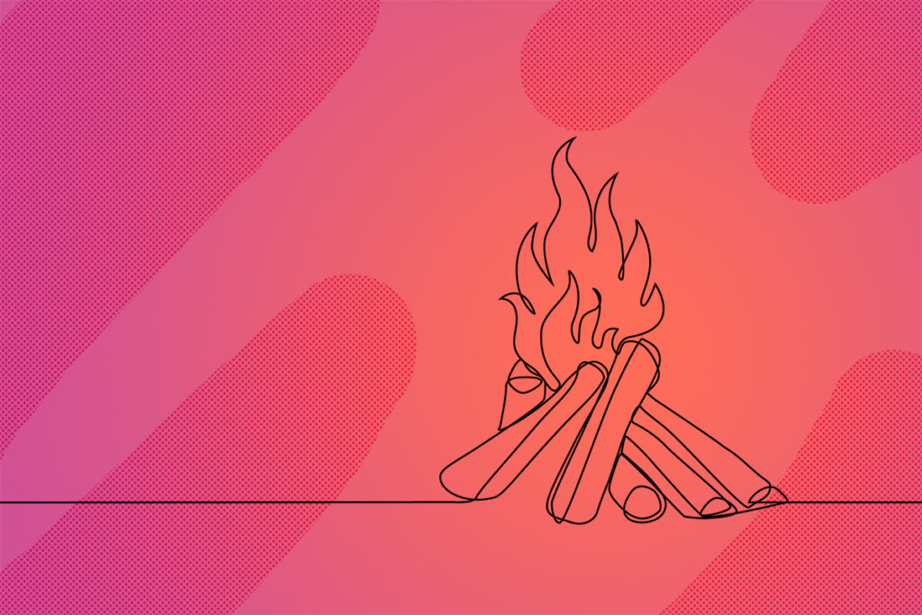 Bonfire in one line art drawing style. Campfire black line sketch on white background. Vector illustration