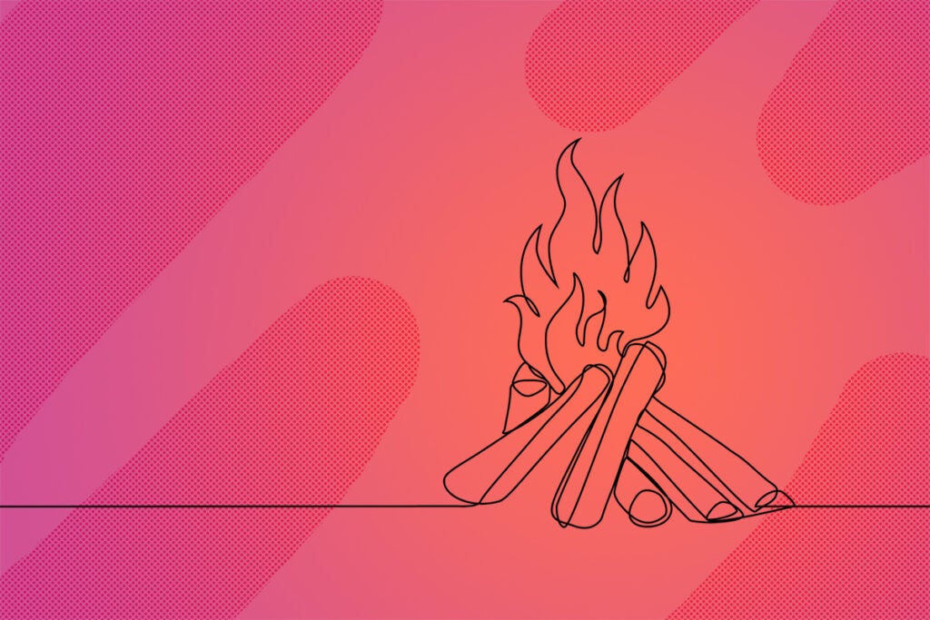 Bonfire in one line art drawing style. Campfire black line sketch on white background. Vector illustration