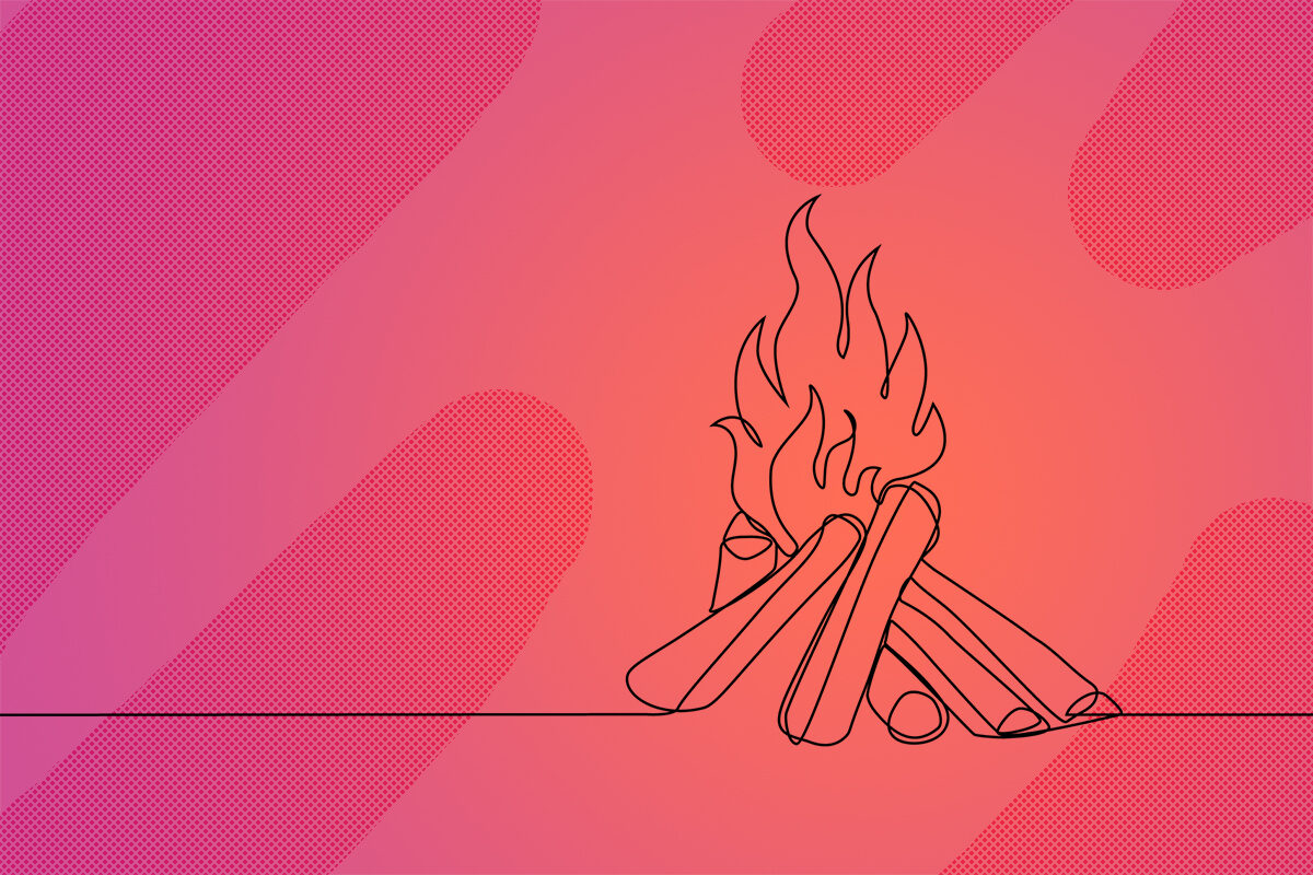 Bonfire in one line art drawing style. Campfire black line sketch on white background. Vector illustration