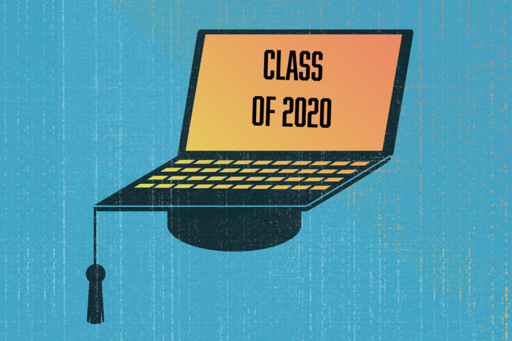 Graduation cap as a part of laptop. Online eductation concept illustration.