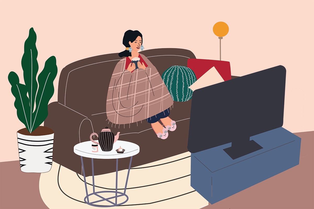 Woman sitting on cozy sofa. Young girl wrapped in blanket and drinking hot coffee or tea, watching movie and relaxing after work. Trendy interior in Scandinavian style. Every day routine. Flat cartoon vector illustration.