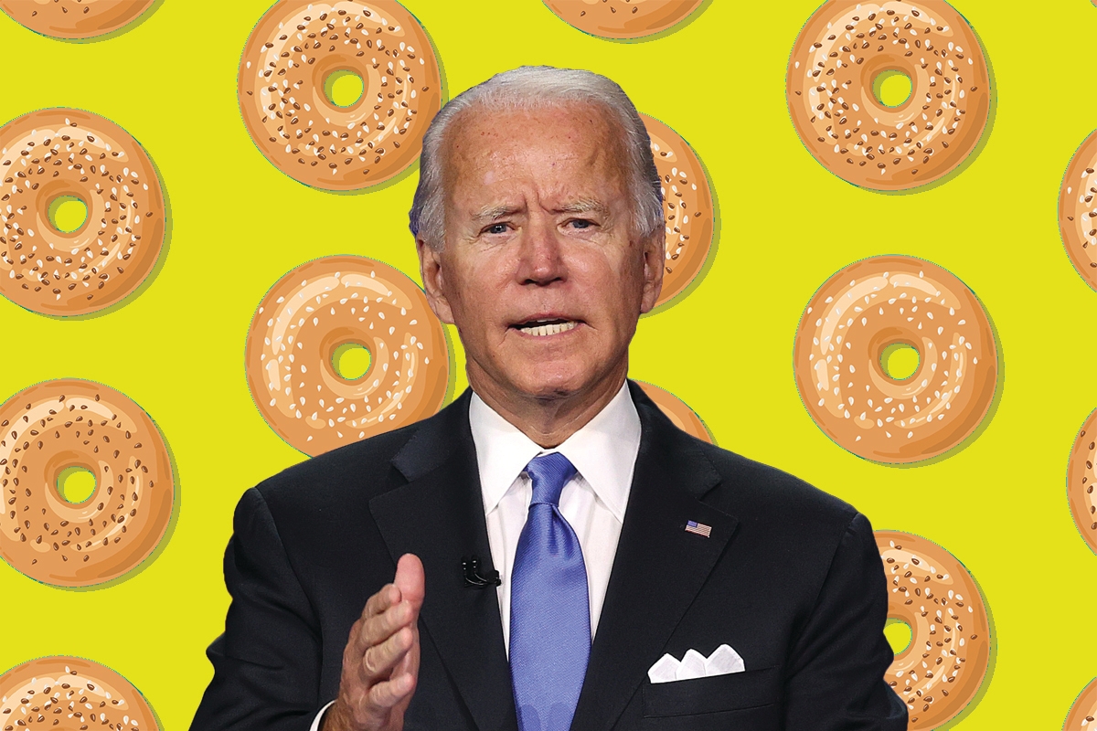 Joe Biden on a background of bagels