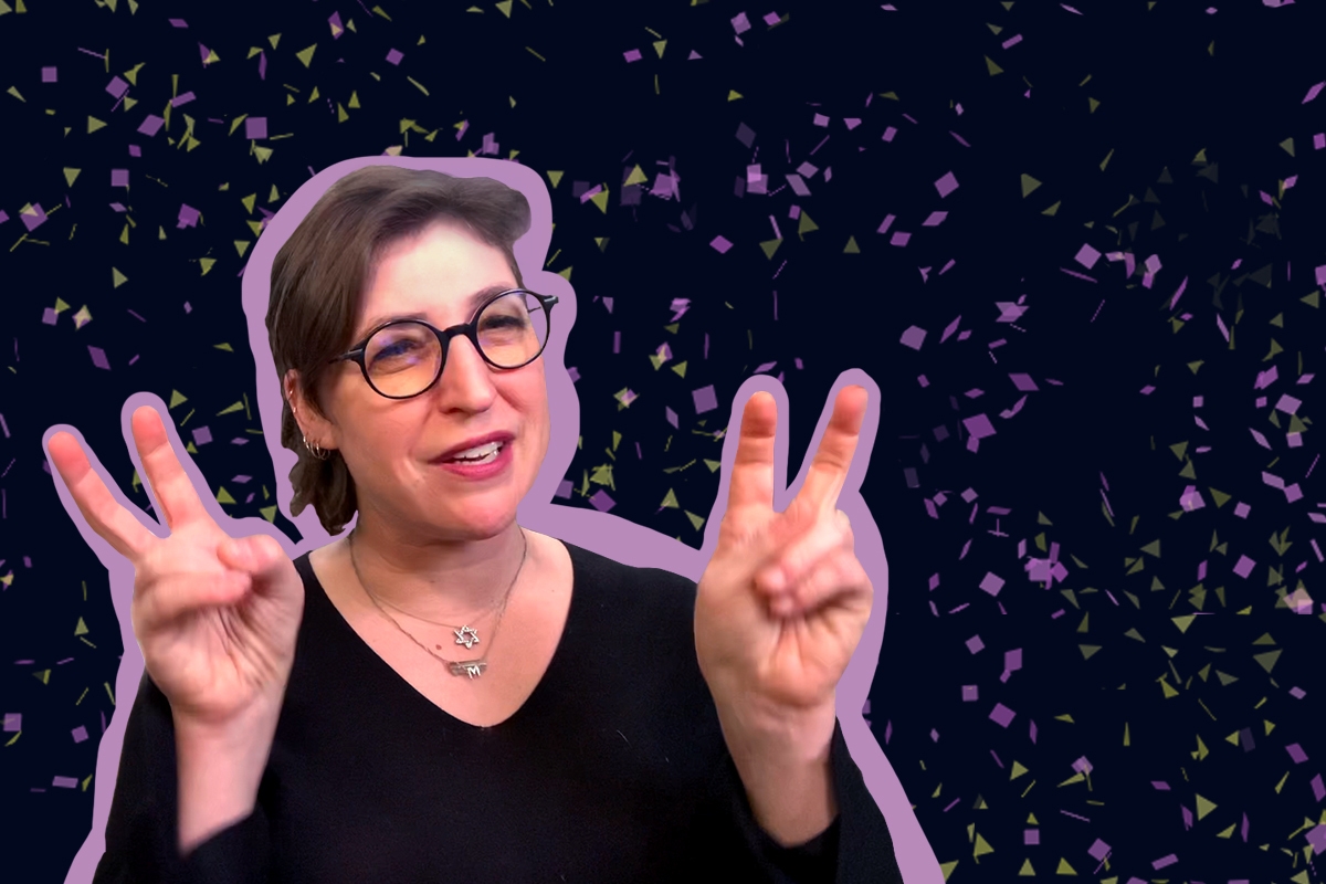 Mayim Bialik on a festive background