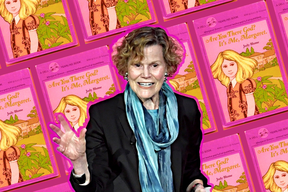 Judy Blume on a background of book covers