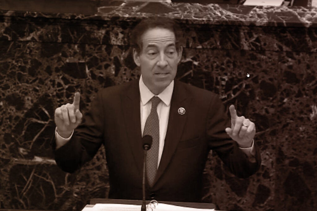 WASHINGTON, DC - FEBRUARY 9: In this screenshot taken from a congress.gov webcast, Rep. Jamie Raskin (D-MD) – lead manager for the impeachment speaks on the first day of former President Donald Trump's second impeachment trial at the U.S. Capitol on February 9, 2021 in Washington, DC. House impeachment managers will make the case that Trump was “singularly responsible” for the January 6th attack at the U.S. Capitol and he should be convicted and barred from ever holding public office again. (Photo by congress.gov via Getty Images)