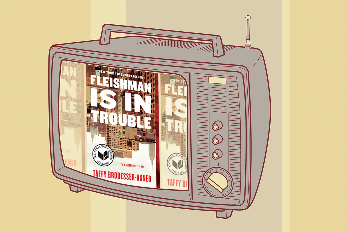 Television with book cover of "Fleishman Is In Trouble" inside.