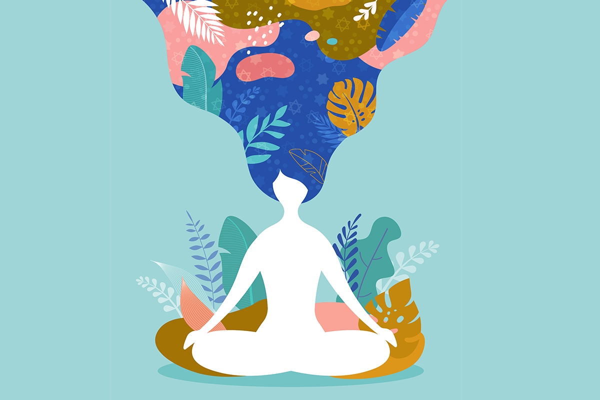 Coping with stress and anxiety using mindfulness, meditation and yoga. Vector background in pastel vintage colors with a woman sitting cross-legged and meditating. Vector illustration