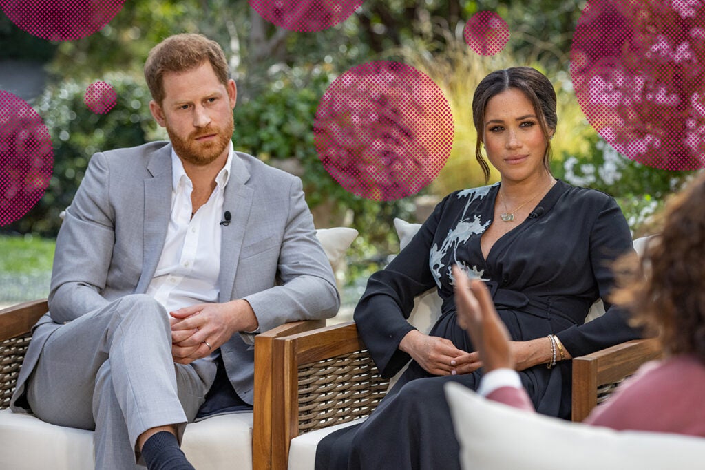 UNSPECIFIED - UNSPECIFIED: In this handout image provided by Harpo Productions and released on March 5, 2021, Oprah Winfrey interviews Prince Harry and Meghan Markle on A CBS Primetime Special premiering on CBS on March 7, 2021. (Photo by Harpo Productions/Joe Pugliese via Getty Images)