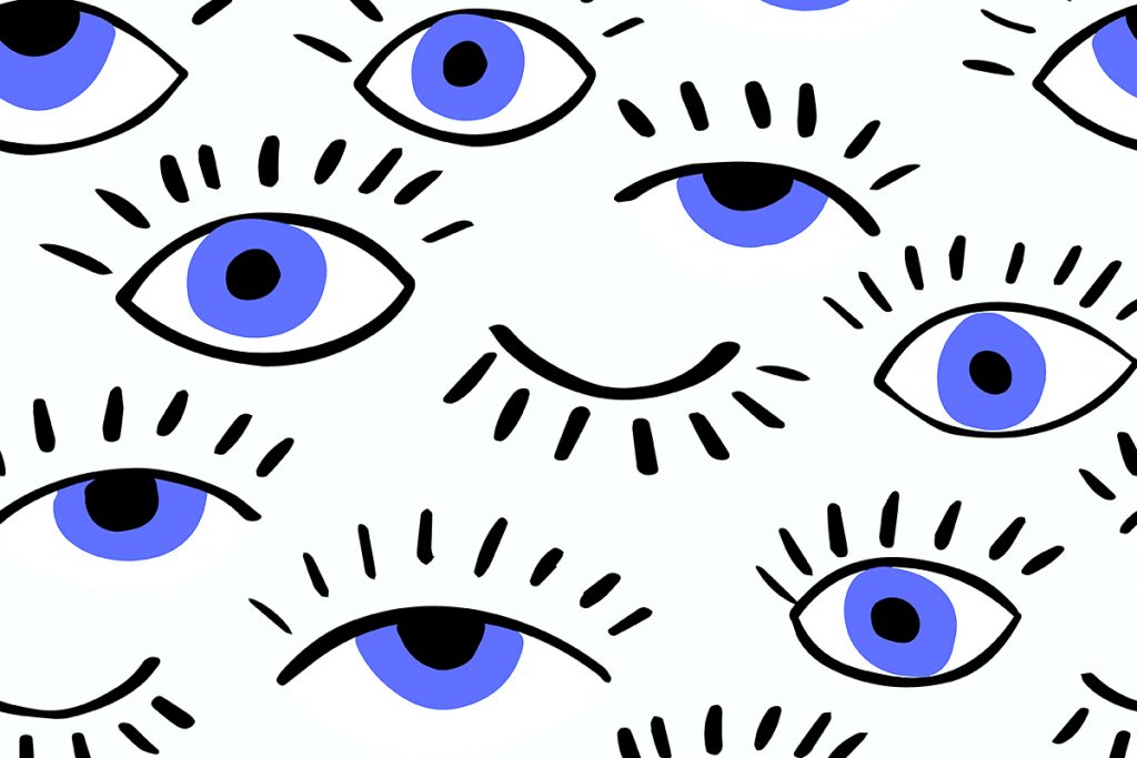 Drawings of many different blue eyes.