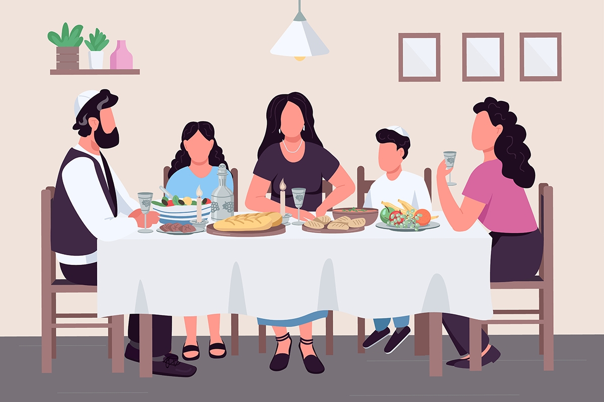 Family eating dinner at a table  with a white tablecloth, man wearing a yarmulke.