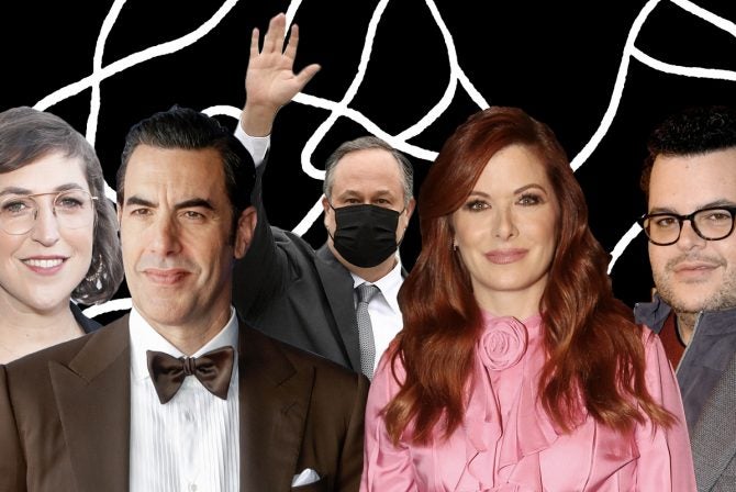 Mayim Bialik, Sacha Baron Cohen, Doug Emhoff, Debra Messing and Josh Gad.