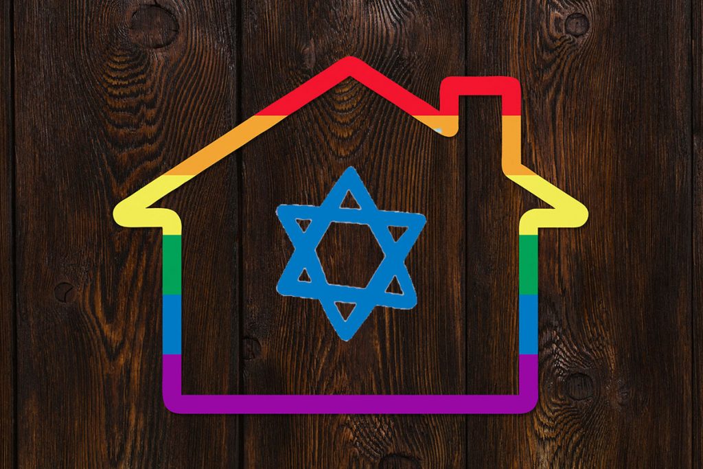 A house with a rainbow outline with a Jewish star in the middle.