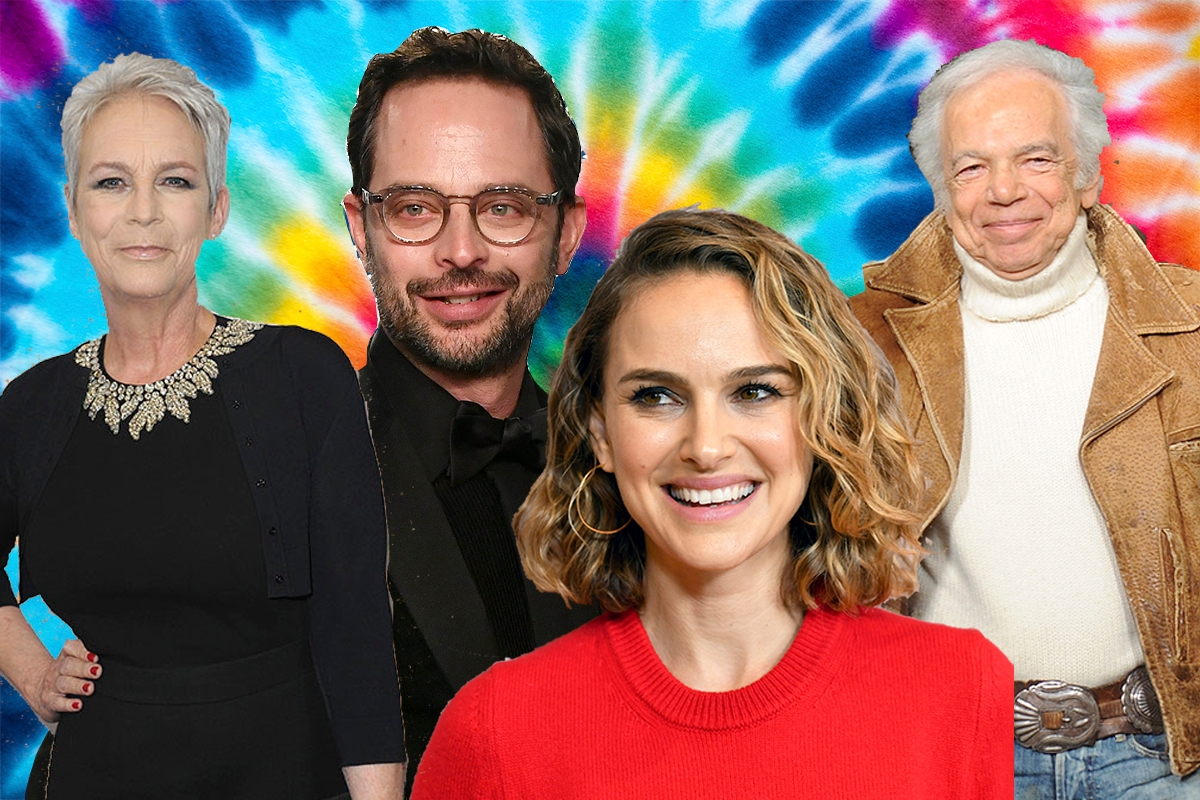 Jamie Lee Curtis, Nick Kroll, Natalie Portman, and Ralph Lauren in front of a tie-dye background.