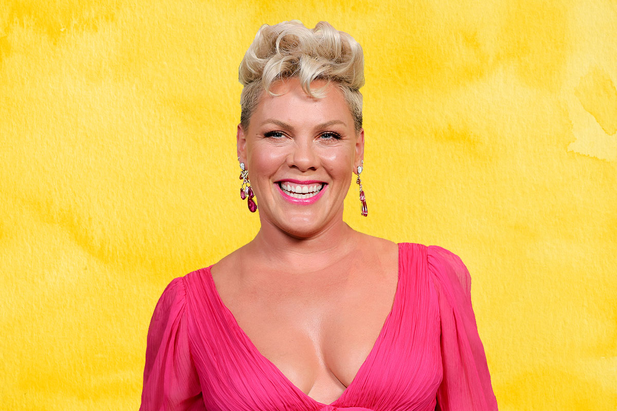 Jewish singer Pink on a yellow background.