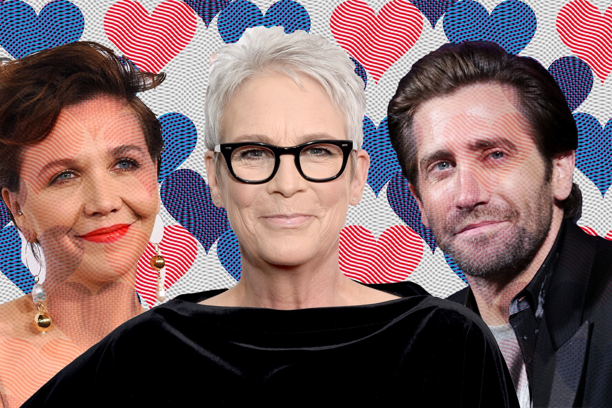 l to r: maggie gyllenhaal, jamie lee curtis and jake gyllenhaal on a background of hearts