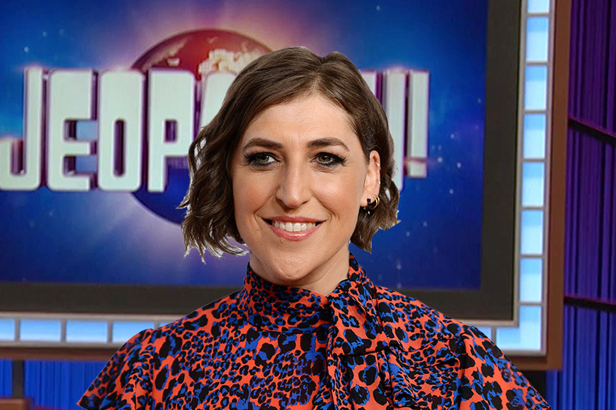 Mayim Bialik on a "Jeopardy!" background