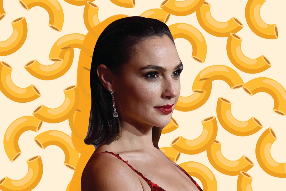 Gal Gadot on a background of noodles