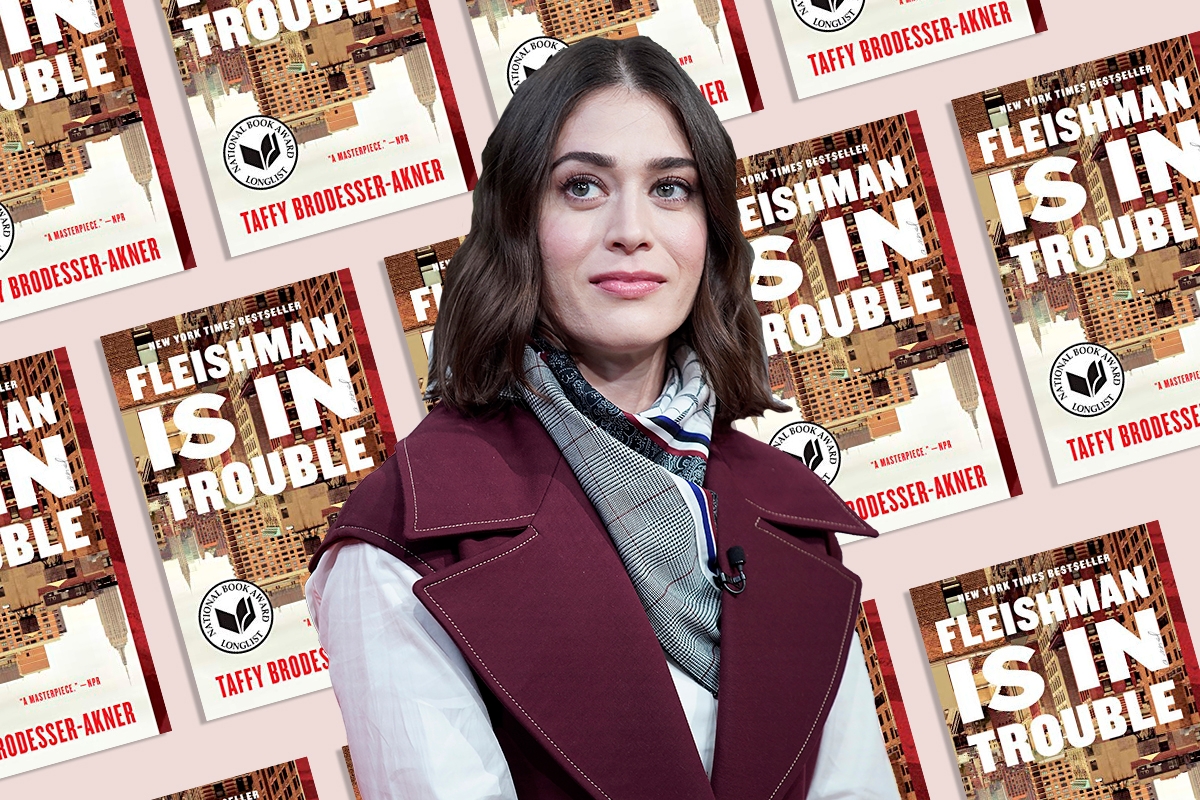 Lizzy Caplan on a background of book covers of "Fleishman Is In Trouble"