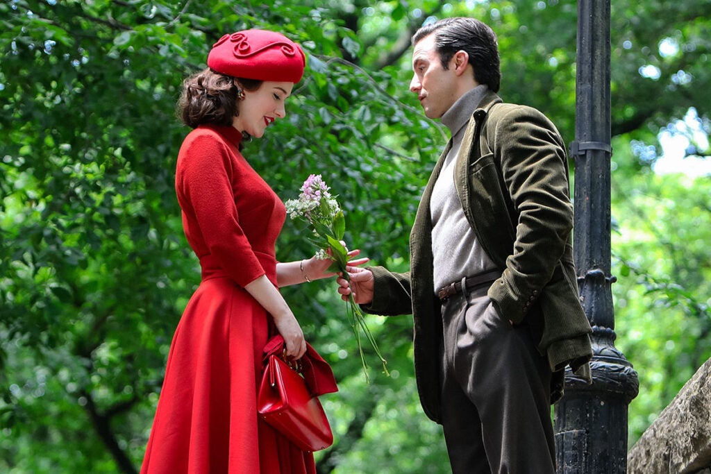 Rachel Brosnahan and Milo Ventimiglia are seen at the film set of 'The Marvelous Mrs Maisel' TV Series on June 10, 2021 in New York City.