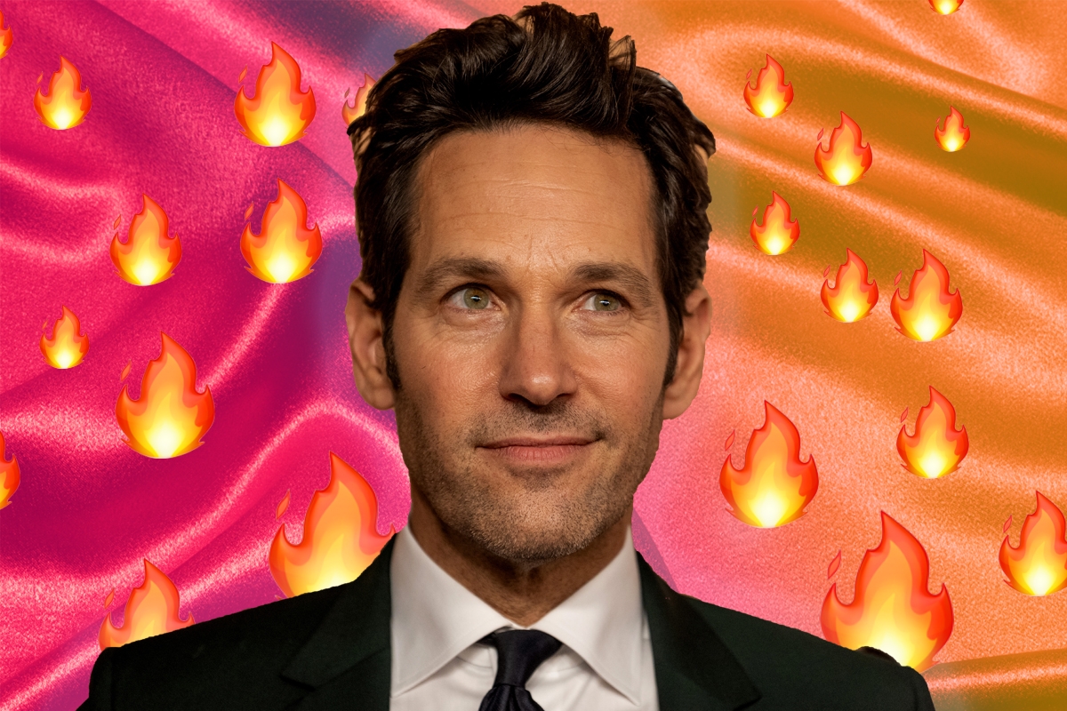 Paul Rudd on a background of satin and fire emojis