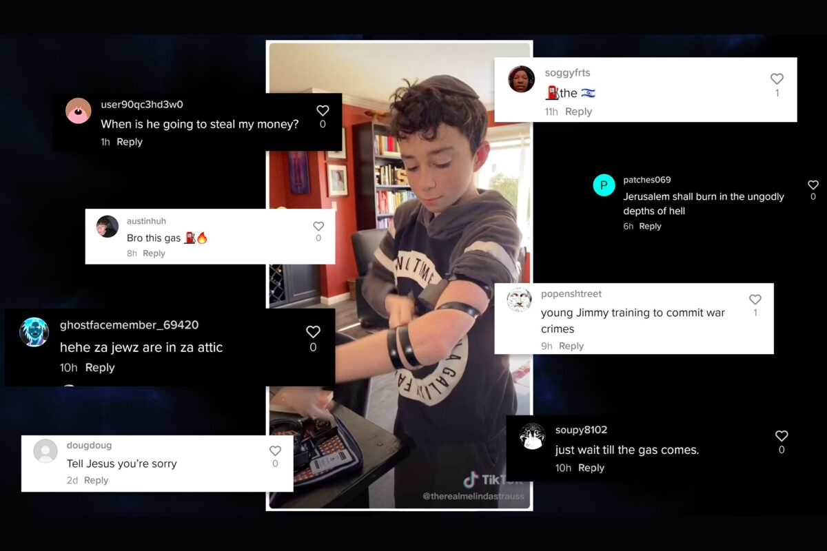 The comment section of Melinda Strauss' TikTok account filled up with antisemitic remarks after she posted a video of her nephew Izzy, above, putting on a set of tefillin. (
