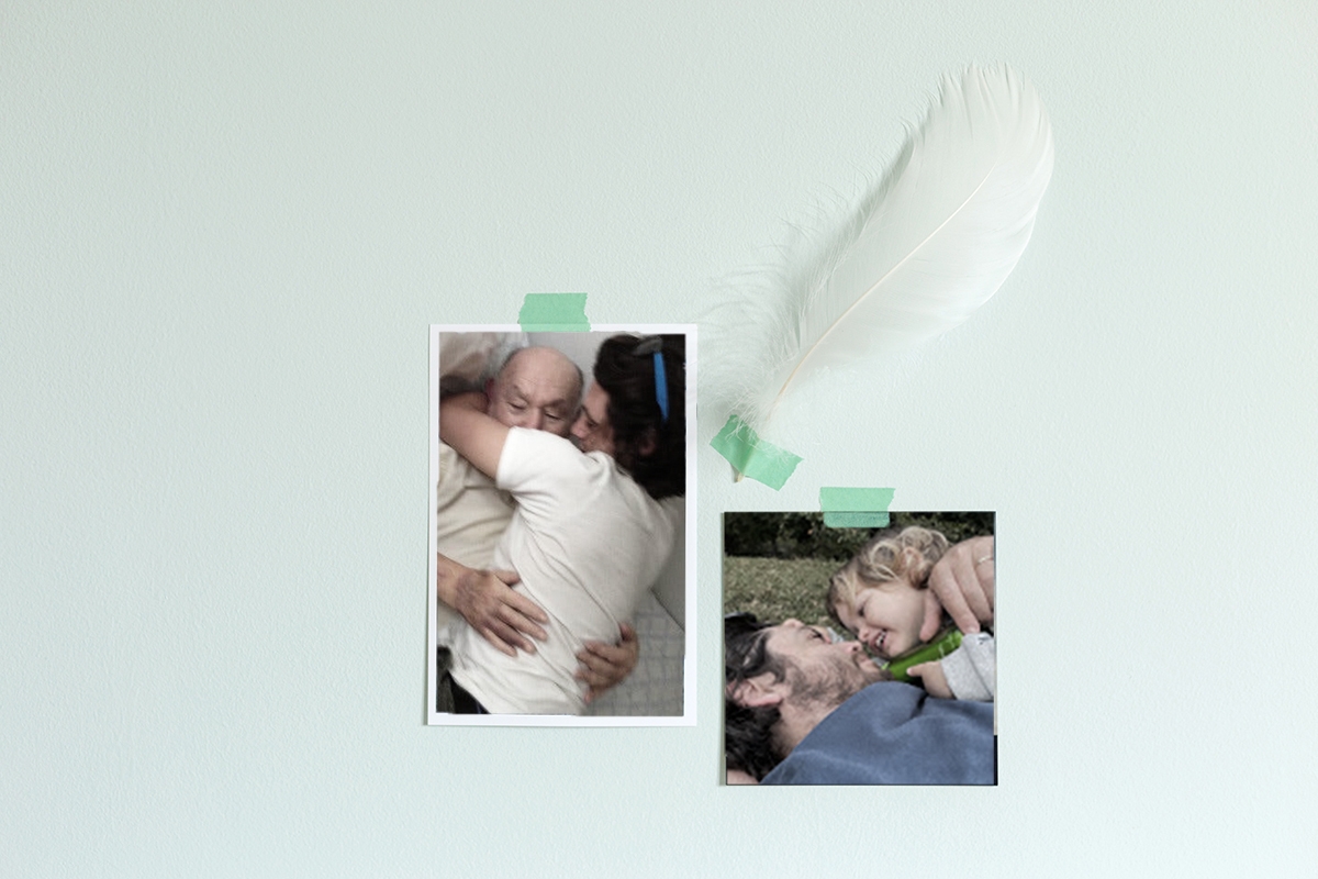 two photos pinned with a feather