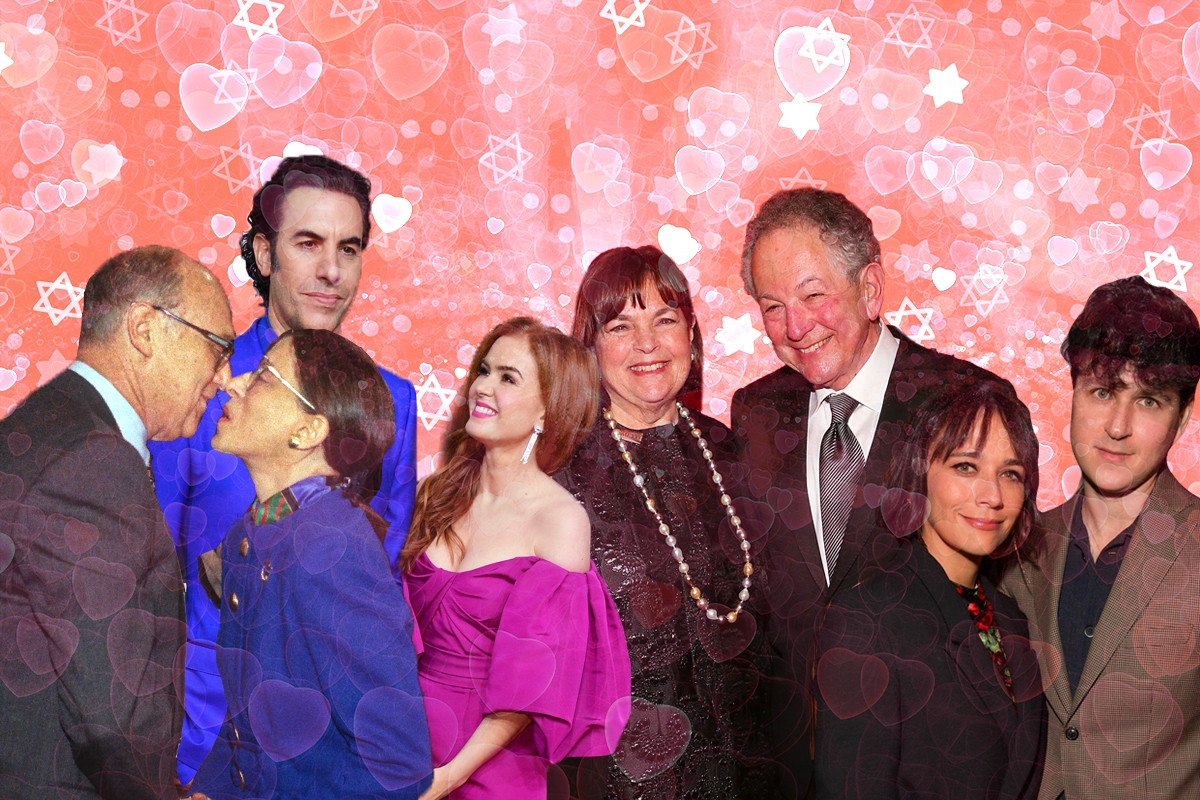 Ruth Bader Ginsburg and Marty Ginsburg, Sacha Baron Cohen and Isla Fisher, Ina and Jeffrey Garten, Rashida Jones and Ezra Koenig on a background of hearts and Jewish stars