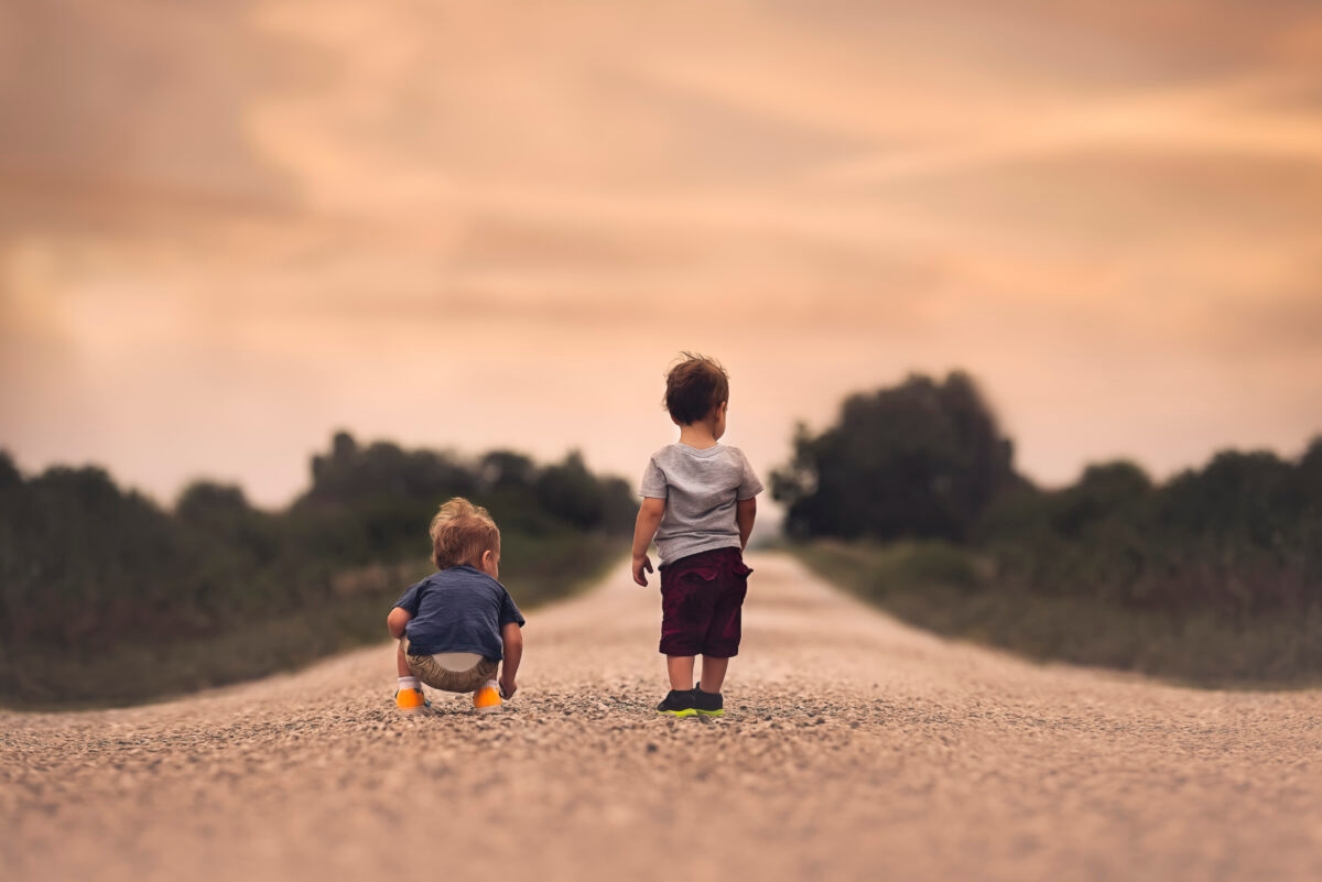 2 Year Old Fraternal Twin Boys Stand on A Gravel Road in the Iowa Summer