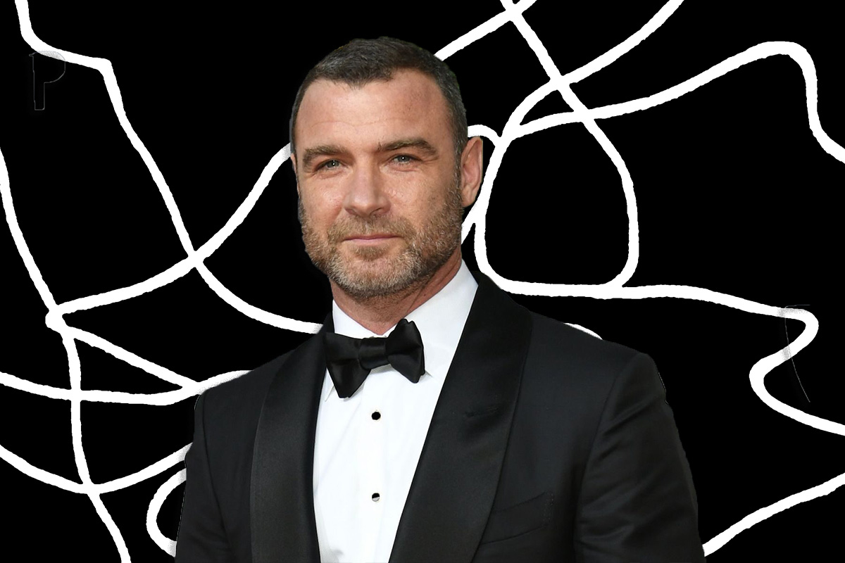 Liev Schrieber on a black background with squiggly white lines