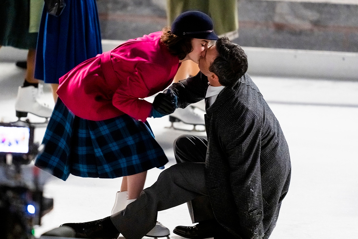 Rachel Brosnahan (L) and Reid Scott are seen filming "The Marvelous Mrs. Maisel" in Rockefeller Center on March 10, 2022 in New York City. 