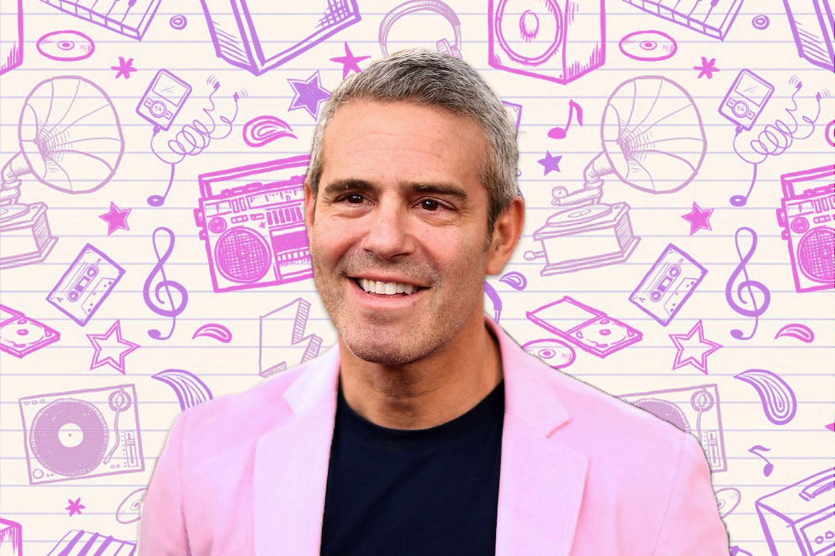 Andy Cohen on an 80s background