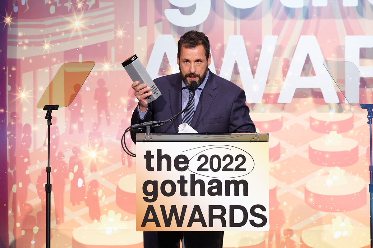 NEW YORK, NEW YORK - NOVEMBER 28: Adam Sandler accepts the Film Tribute Award onstage during The 2022 Gotham Awards at Cipriani Wall Street on November 28, 2022 in New York City