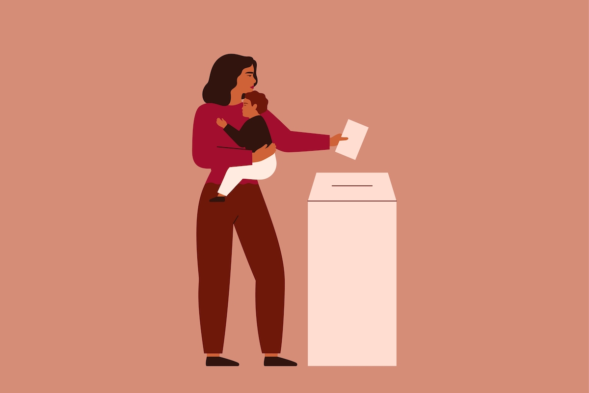 Mother holds baby putting election ballot into box on voting station. Woman with child go vote. Vector illustration