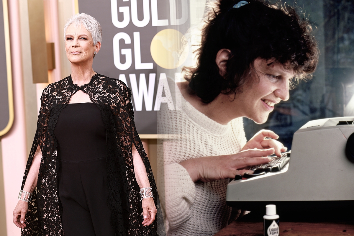 Jamie Lee Curtis at the Golden Globes (L) and Wendy Wasserstein at her typewriter (R)
