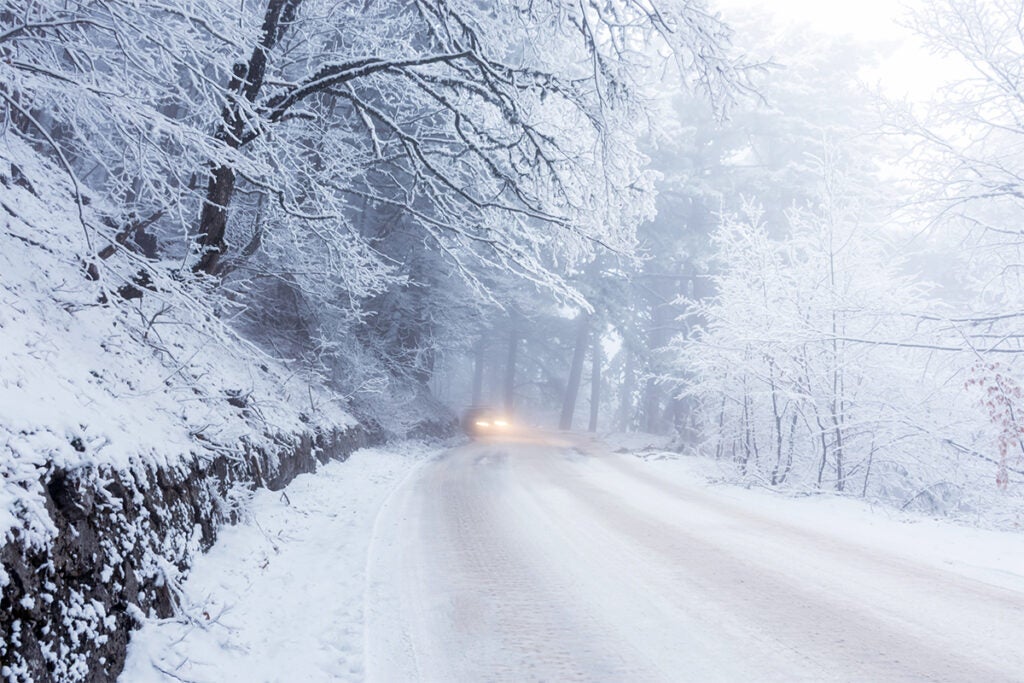 snowy road with trees and a car