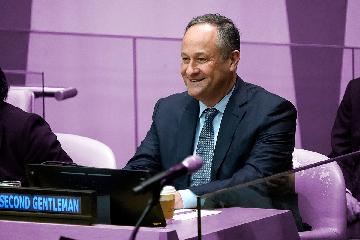 NEW YORK, NEW YORK - FEBRUARY 09: U.S. second gentleman Doug Emhoff attends an Economic and Social Council session about “Globalizing Efforts to Combat Antisemitism” at the United Nations World Headquarters on February 9, 2023 in New York City. Emhoff has become a leader in the Biden administration's efforts to combat antisemitism, setting forth meetings with prominent Jewish figures, national appearances and European trips to a number of significant Jewish sites.