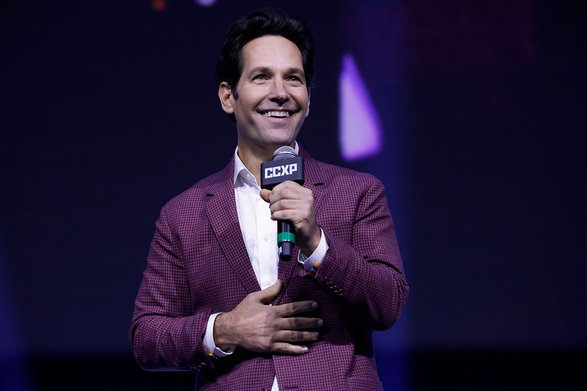 SAO PAULO, BRAZIL - DECEMBER 01: Paul Rudd speaks during a panel of Marvel Studios for Disney on the Thunder Stage during Comic Con Experience, aka CCXP22, on December 1, 2022 in Sao Paulo, Brazil. (Photo