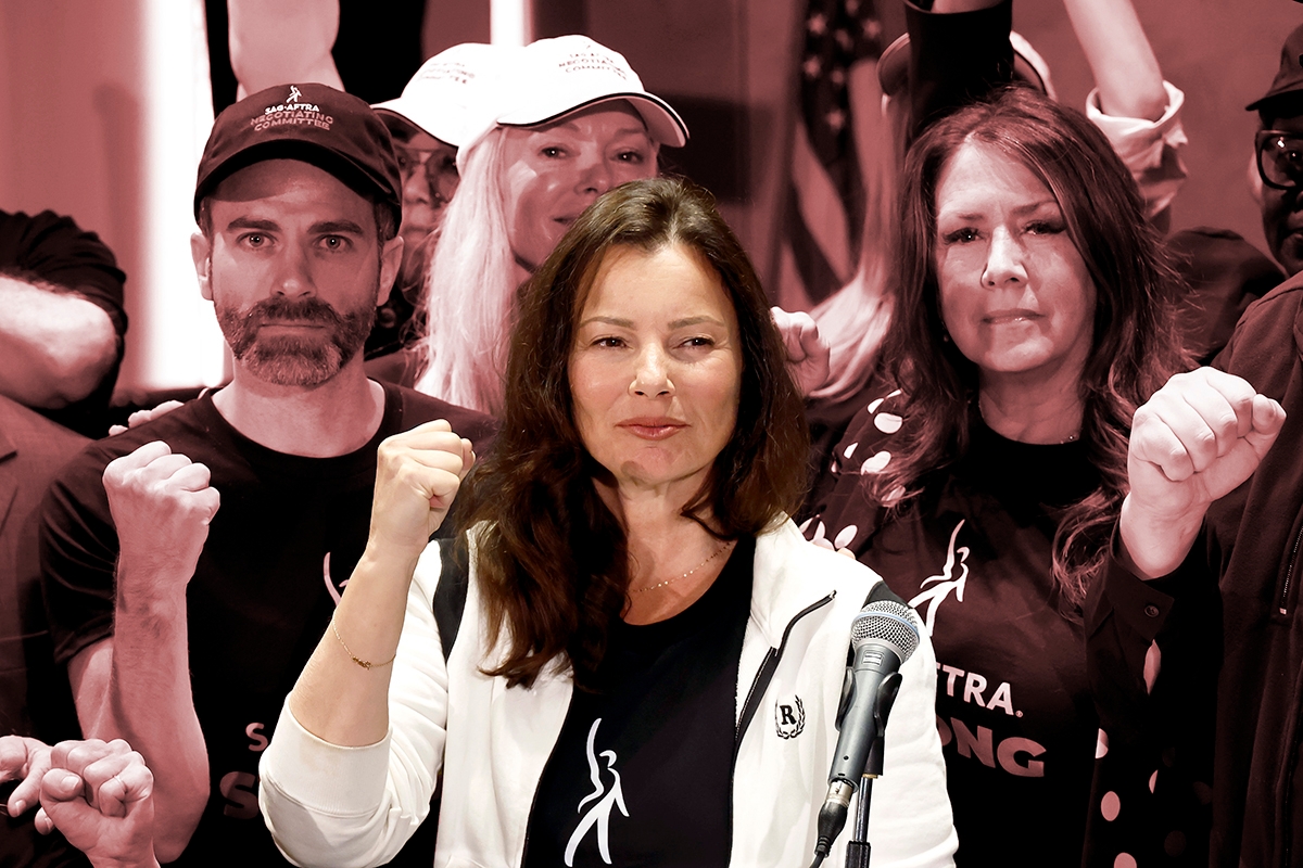 LOS ANGELES, CALIFORNIA - JULY 13: (L-R) Ben Whitehair, Frances Fisher, SAG President Fran Drescher, Joely Fisher, National Executive Director, and SAG-AFTRA members are seen as SAG-AFTRA National Board holds a press conference for vote on recommendation to call a strike regarding the TV/Theatrical contract at SAG-AFTRA on July 13, 2023 in Los Angeles, California.