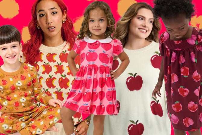 kids and adults dressed in apple print