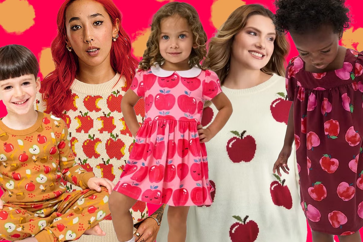 kids and adults dressed in apple print
