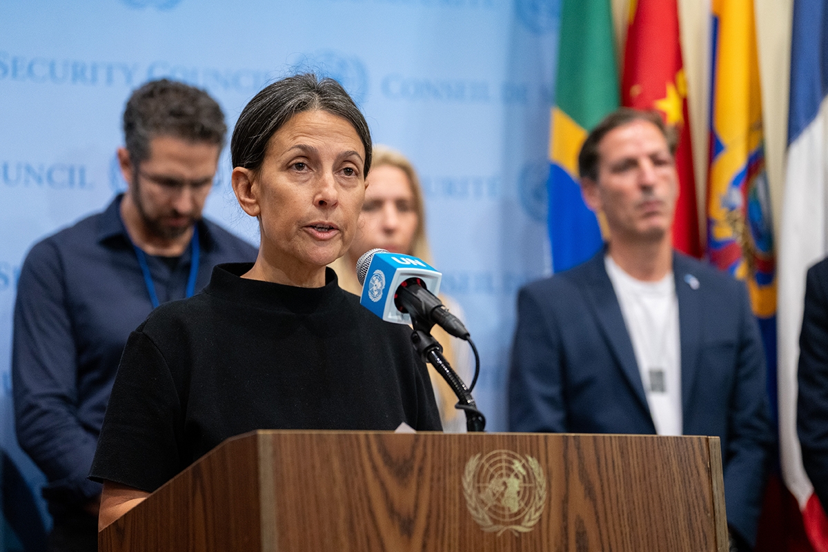 NEW YORK, NEW YORK - Rachel Goldberg whose son Hersh Goldberg-Polin was kidnapped by Hamas addresses the press at the United Nations Headquarters on October 24, 2023 in New York City. The Security Council continues to meet to discuss the status of the Palestinians and the conflict between Israel and Hamas in Gaza.