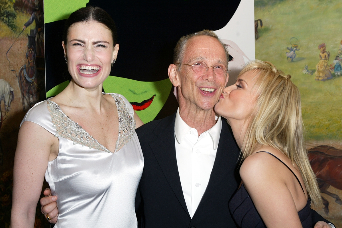 NEW YORK - OCTOBER 30: (US TABS AND HOLLYWOOD REPORTER OUT) Idina Menzel (Elphaba, the Wicked Witch of the West), Joel Grey (The Wizard), and Kristin Chenoweth (Glinda the Good) pose together at the afterparty for the Broadway premiere of "Wicked" at Tavern On The Green October 30, 2003 in New York City.