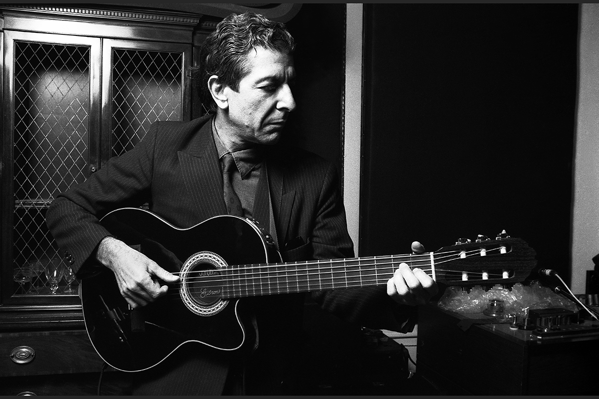 Leonard Cohen, Canadian poet and singer-songwriter, plays some of his songs in a small recording studio, lower Manhattan, New York, mid 1980s.
