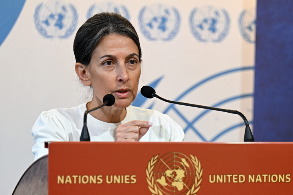Rachel Goldberg, mother of Hersh Goldberg Polin, who was hostage held by Palestinian militant group Hamas, talks during a press briefing during an event to mark the 75th anniversary of the Universal Declaration of Human Rights, at the United Nations Offices, in Geneva, on December 12, 2023. Thousands of civilians, both Palestinians and Israelis, have died since October 7, 2023, after Palestinian Hamas militants based in the Gaza Strip entered southern Israel in an unprecedented attack triggering a war declared by Israel on Hamas with retaliatory bombings on Gaza.